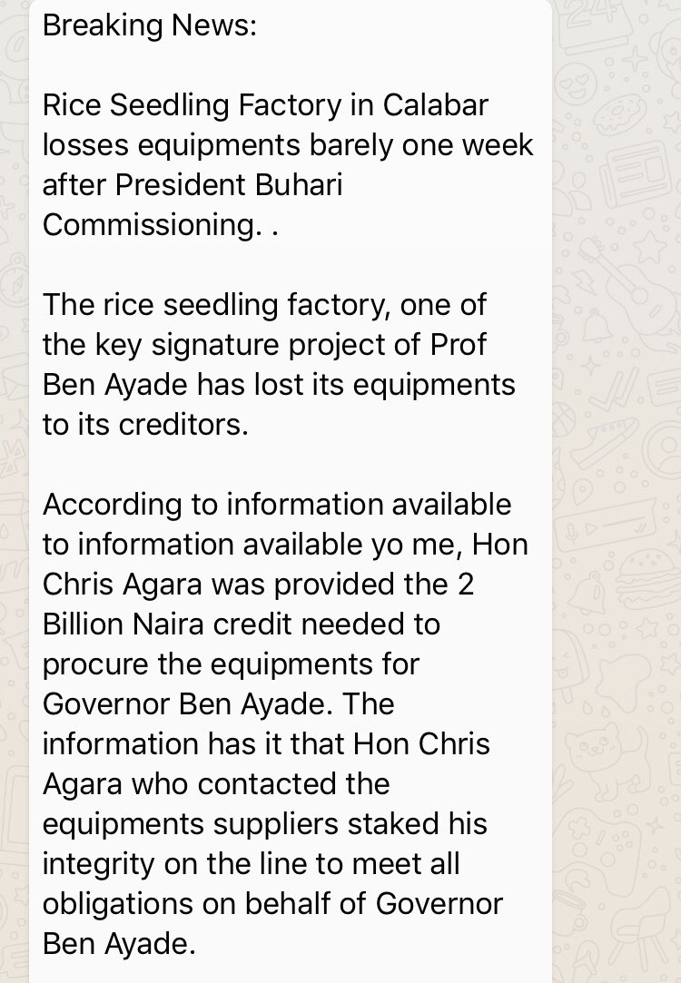 4everCrossriver's tweet photo. Breaking news; Rice seedling factory in calabar loses equipments one week after President Buhari’s commissioning cc @Calabar365  @AsimIttah https://t.co/vuel373rsx