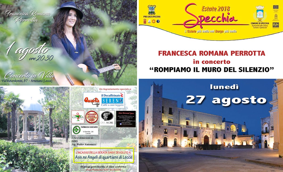 Perrott78799508's tweet photo. Date LIVE ufficiali: 1 agosto Arnesano / 27 agosto Specchia.
1 Agosto concerto in Villa, solo su invito.
27 agosto concerto nel Borgo di Specchia, ingresso gratuito aperto a tutti #Salento2018 #MusicLive #FrancescaRomanaPerrotta #loradimezzo https://t.co/2Sk3fNww9Z
