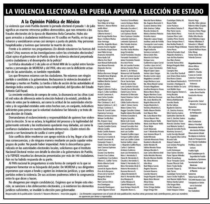 periodistasoy's tweet image. Segundo desplegado nacional. Ahora académicos, empresarios y ONGs denuncian que en Puebla hubo fraude electoral. Los firmantes aclaran que no son miembros de Morena