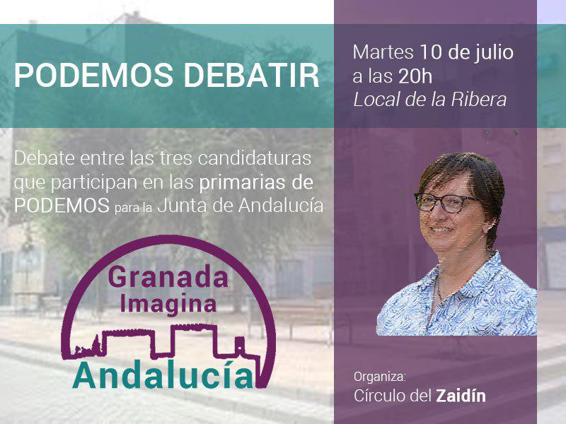 ImaginaGranadaA's tweet photo. No os perdáis el debate entre las 3 candidaturas a las primarias de Podemos para la Junta de Andalucía esta tarde a las 20 h en el local de la Ribera en c/ Santa Rosalía, 18, Zaidín, Granada https://t.co/GFJTF7pVxs
