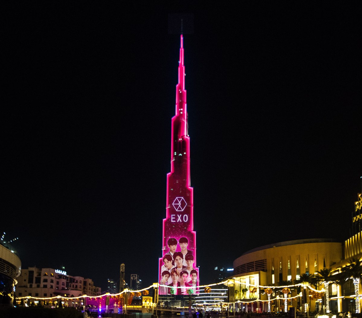 DXBMediaOffice's tweet photo. .@BurjKhalifa to play a three-minute LED show featuring K-pop band @weareoneEXO's song Power, the same song played at #Dubai Fountain earlier this year. The show will take place on Saturday, July 14th at 8:10pm. #Exo https://t.co/SIdNBaiXM1