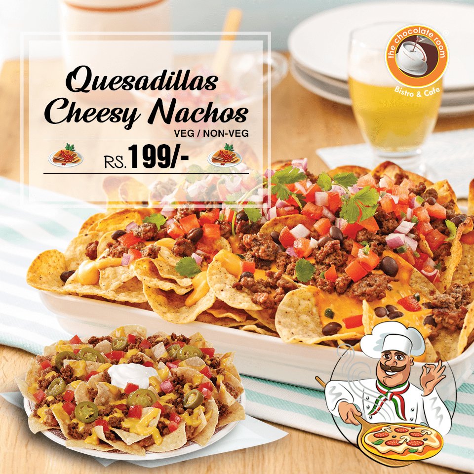 Tendeals's tweet photo. It’s time to double your joy and forget about work with our Quesadillas + Cheesy Nachos (Veg/ NV) In Rs.199 Only at #TheChocolateRoom.
Avail this offer here: https://t.co/kr80La5tTW

#Food #FoodDeals #Foodies #Buffet #LunchBuffet #DinnerBuffet #FoodLover #Mohali #Tricity https://t.co/LKkiUoUBmA