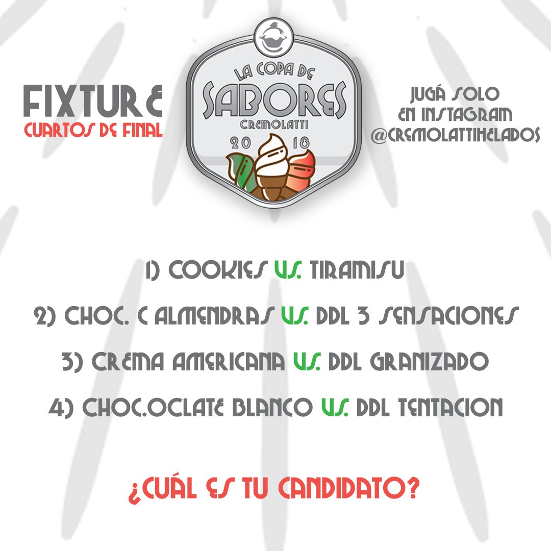 ¡Ya se están jugando los 4tos de Final de la #CopaDeSabores! 🏆🍨😊
Acordate, podés participar desde nuestro Instagram. 
¡Se sortean helados entre los participantes!