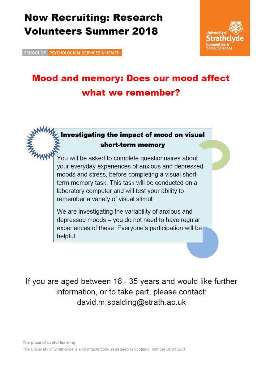 Currently recruiting adults aged 18-35 to participate in a study of #mood and #memory. See flyer below or contact me directly for more info! @LBrownStrath