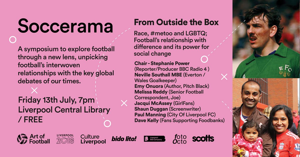 fotoocto's tweet photo. @AttitudeMag This Friday 13th July in Liverpool's @CentralLibrary_ our free Soccerama debate, From Outside The Box // Race, #MeToo and LGBTQ; football’s relationship with difference feat. Neville Southall 
Free tickets: https://t.co/qqOlZdNEia 
#artoffootball https://t.co/V4olikN9fg