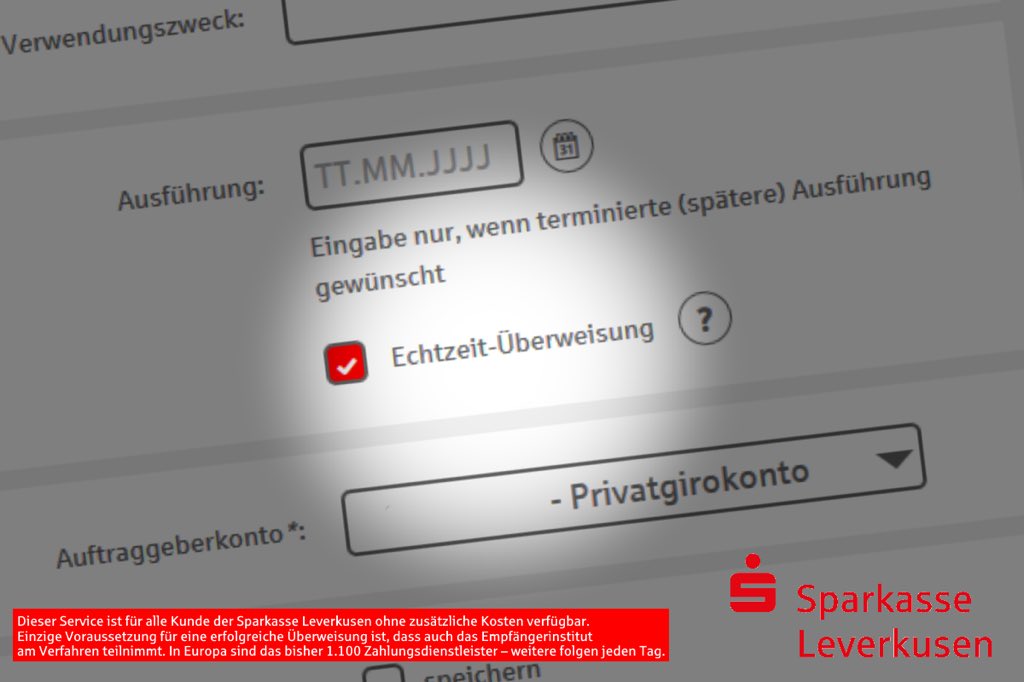 Überweisung in Sekundenschnelle?! Geht nicht? Geht doch! ...

... Mit der Echtzeitüberweisung der #Sparkasse ist Ihre Überweisung binnen Sekunden beim Empfänger. Schneller als Bargeld! 💰💨💨💨 #Echtzeitüberweisung #Instantpayment #sparkasseleverkusen