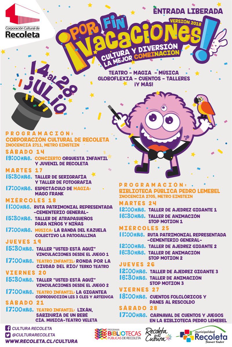 2 x 2= 4 días para que comience #PorFinVacaciones2018 🤓
Revisa la programación y ven a disfrutar del mejor panorama para estas vacaciones de invierno acá en #Recoleta ⬇️