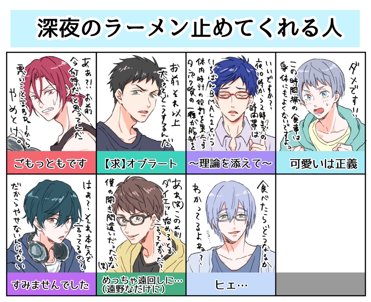 nini_mon_fr's tweet image. 深夜に「ラーメン食べたい」と言った時のふり～な面々の反応
※個人の勝手な妄想です※
（三期とっても楽しみにしてます…）