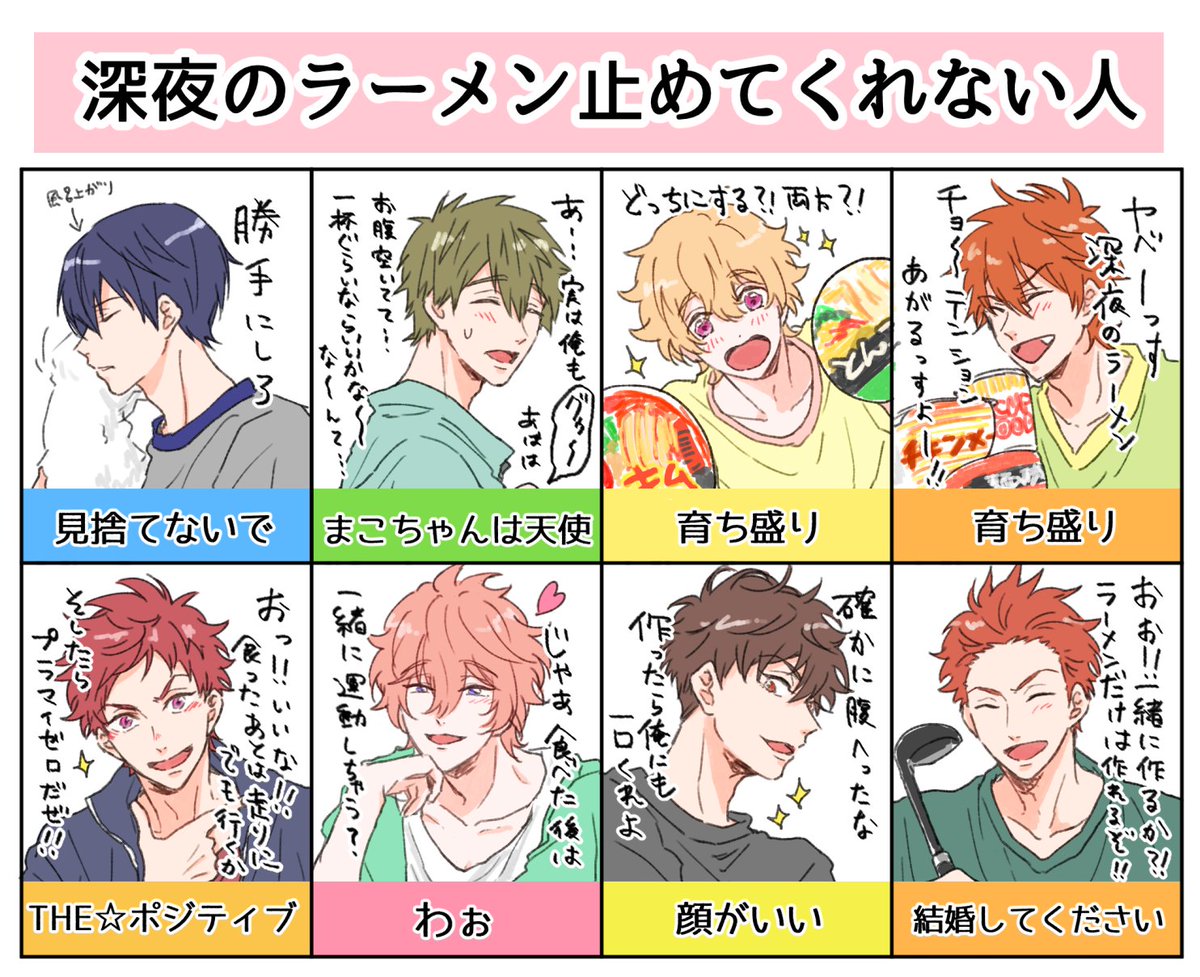 nini_mon_fr's tweet image. 深夜に「ラーメン食べたい」と言った時のふり～な面々の反応
※個人の勝手な妄想です※
（三期とっても楽しみにしてます…）