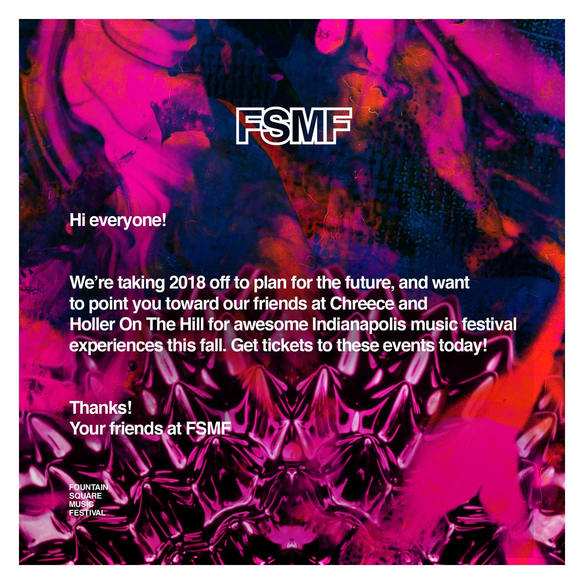 QUICK FSMF UPDATE! Shoutout to our friends at <a href="/chreeceaf/">Chreece</a> and <a href="/holleronthehill/">Holler On The Hill</a>!