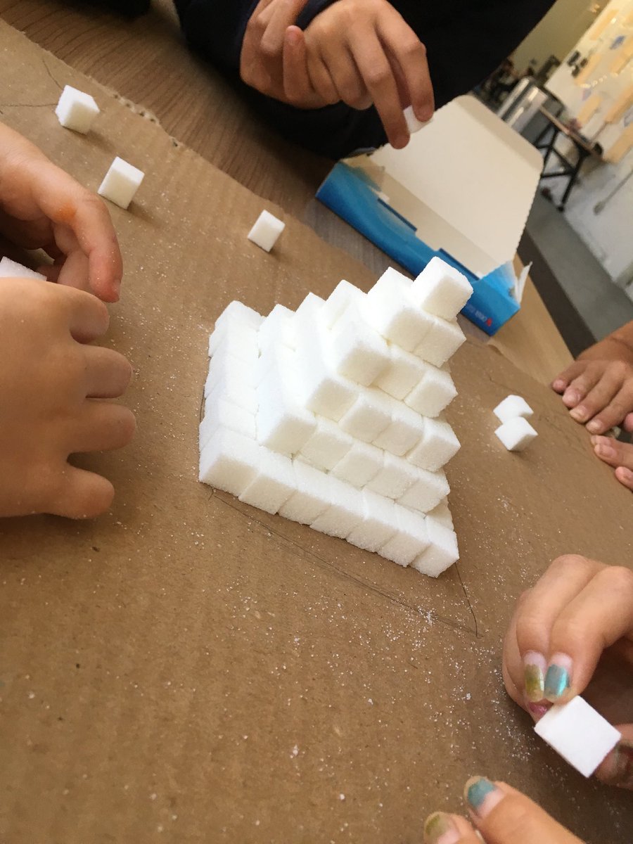 First week of #EgyptCamp at the <a href="/RoyalBCMuseum/">Royal BC Museum</a>. We’re learning about #pyramid architecture with sugar cubes. Will they withstand the test of time? #rbcmcamp