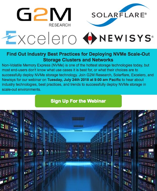 Join G2M Research, Solarflare, Excelero, and Newisys to hear about best ways to design and deploy NVMe scale-out storage networks. zoom.us/webinar/regist…

#webinar #NVMe #flashstorage