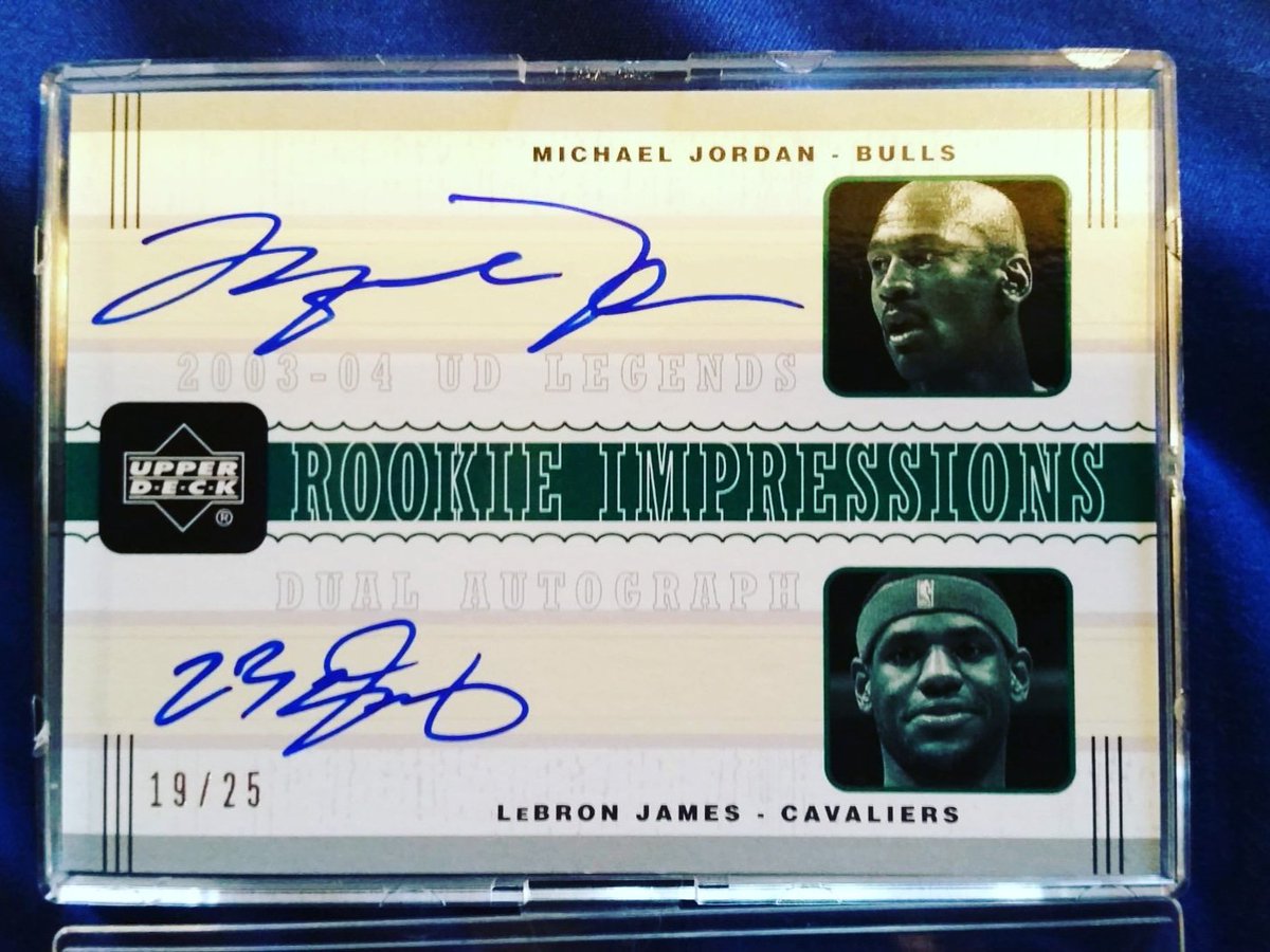 Probably time to finally get this monster dual auto graded of <a href="/KingJames/">LeBron James</a> and #MichaelJordan out of /25 #Rookie #Lebron #Jordan #GOAT #Cavs #Lakers #Bulls #Bulls #UpperDeck #RC #RookieImpressions #Legends #Basketball #Hoops #Fire #TheHobby
