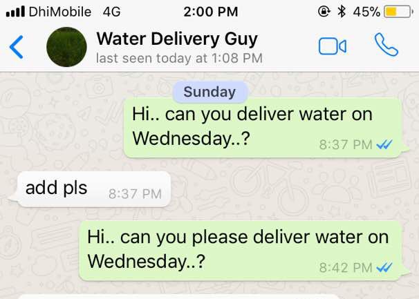LamaanLatheef's tweet image. My friend wanted to order water and the delivery guy was asking for her address, “add pls”. She thought it meant add the WORD “please”. I’m crying 😂😂