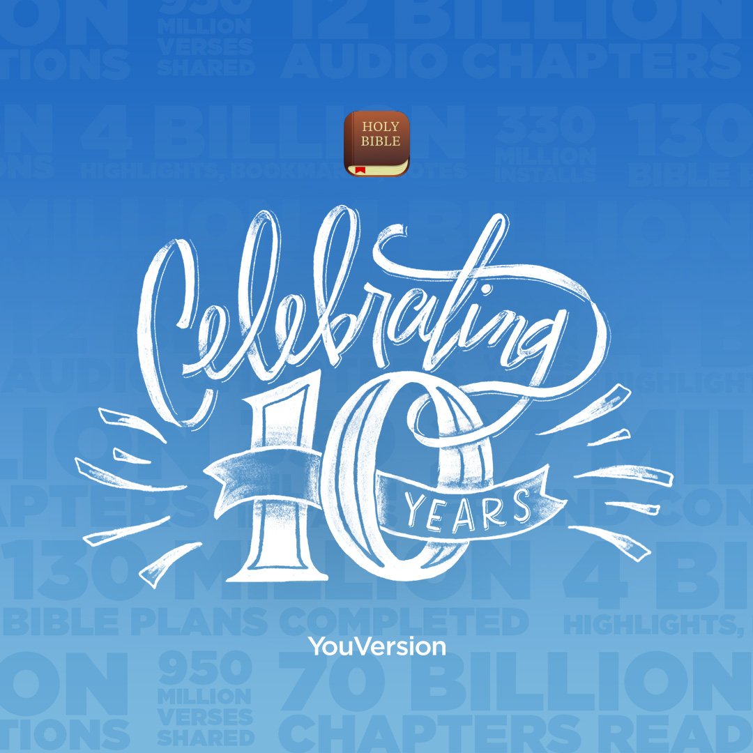YouVersion's tweet photo. The Bible App turns 10 today! 🎉 Let’s spread the Word together! #bibleapp10 https://t.co/XDiQG3PCIe https://t.co/akT7ZOjDPE