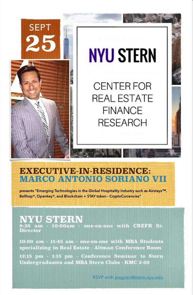 Co founder of #Airstayz Marco A SORIANO has been invited to speak before an audience of 300 students and faculty at the school of business New York University on the 25th of September 
 
 #Stay #NewYorkUniversity  #Travel #RealEstate #Blockchain