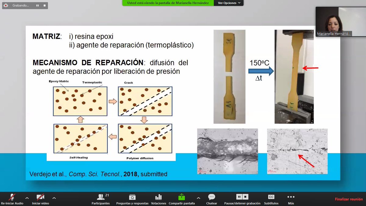 AEMAC_'s tweet photo. Estamos en el #WebinarsAEMAC con Marianella Hernández de @ictp_promocion aprendiendo sobre #materialescompuestos autoreparables. En este caso una #resina #epoxy #termoestable con un agente de reparación #termoplástico. https://t.co/kuR09lpK8u