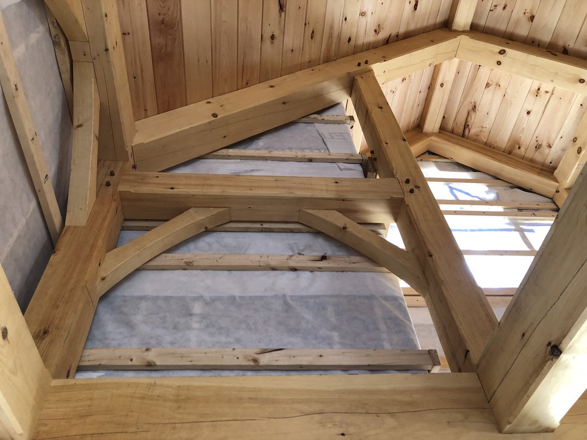 475oliver's tweet photo. New timber frame home in Vermont by Bellwether Craftsmen VT with #Gutex over #ProClima Intello X with cellulose. Went away from SIPs to foam-free, low carbon construction above the foundation and easy to install continuous interior #airtightness.  #Sustainability https://t.co/9dTqA5DvA1