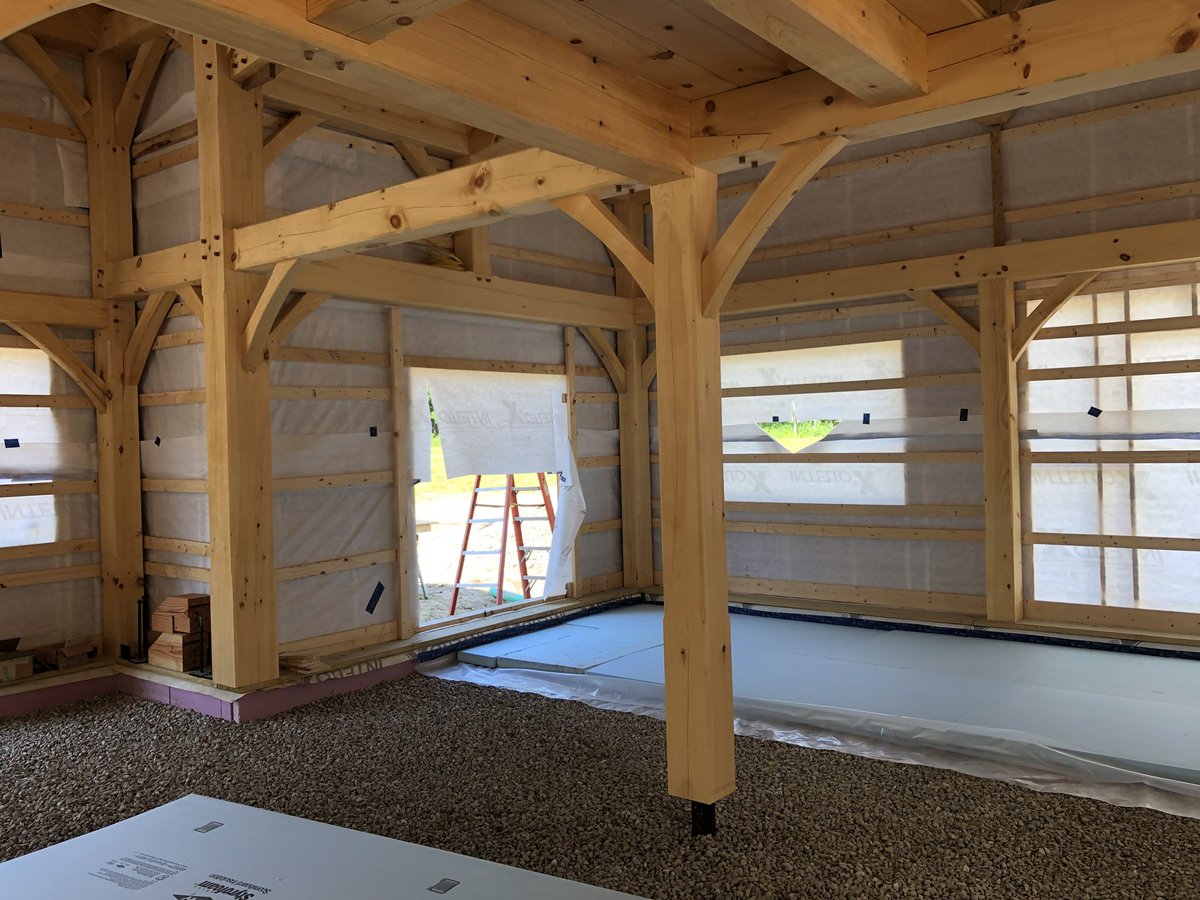 475oliver's tweet photo. New timber frame home in Vermont by Bellwether Craftsmen VT with #Gutex over #ProClima Intello X with cellulose. Went away from SIPs to foam-free, low carbon construction above the foundation and easy to install continuous interior #airtightness.  #Sustainability https://t.co/9dTqA5DvA1