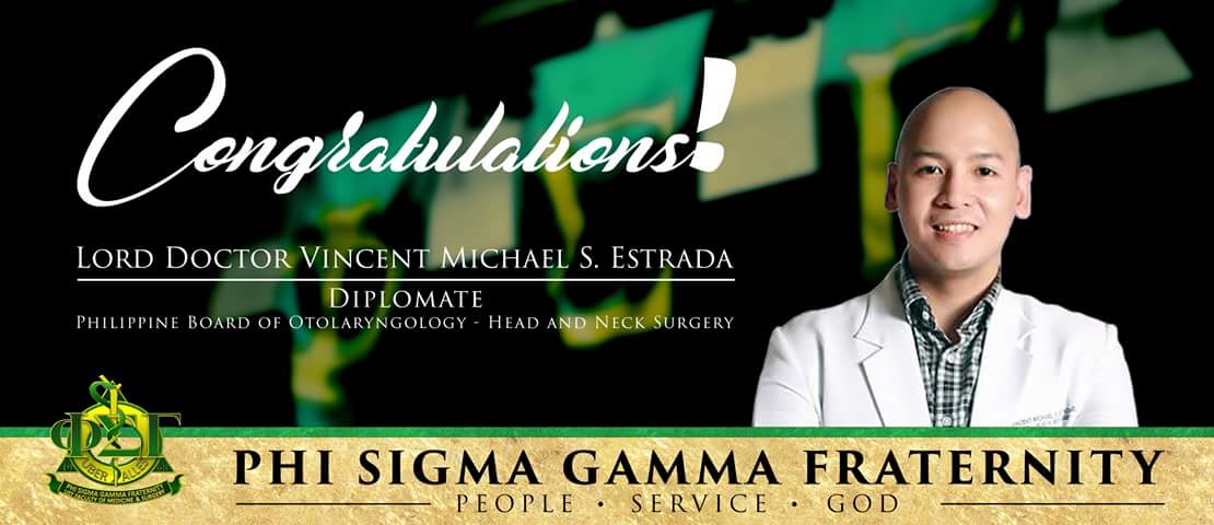 PhiSigmaGamma's tweet photo. Congratulations to Lord Doctor Vincent Michael S. Estrada  for passing the diplomate examinations of the Philippine Board of Otolaryngology - Head and Neck Surgery.

Uber Alles! Hail PSG!! https://t.co/g6BI6nb8MW