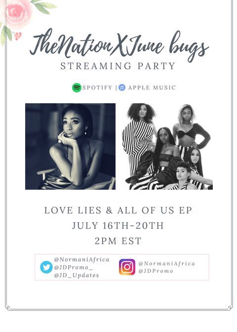 The Nation & Junebugs Are Joining Forces And Are Having A Streaming Party Hosted By Yours Truly & @normaniafrica 
Time & Date! Links Will Be Posted Soon
@kordeination @5hontour @nkhupdate @nkhnews 
Share!
#JunesDiary #AllOfUsEP #Normani #NormaniKordei #TheNation #StreamingParty