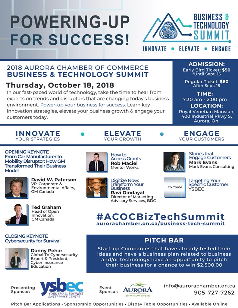 AuroraChamberON's tweet photo. #TechTuesday - Calling all #entrepreneurs, #startups, &amp; #digital #disruptors! Power-up your business for success https://t.co/6LFaAJjW8c 💪 Join us Oct. 18, 2018 for the #ACOCBizTechSummit 🏔 #Aurora #YorkRegion #innovation #entrepreneur #techtrends #TuesdayThoughts @StartupYork https://t.co/TxyMscUhJV