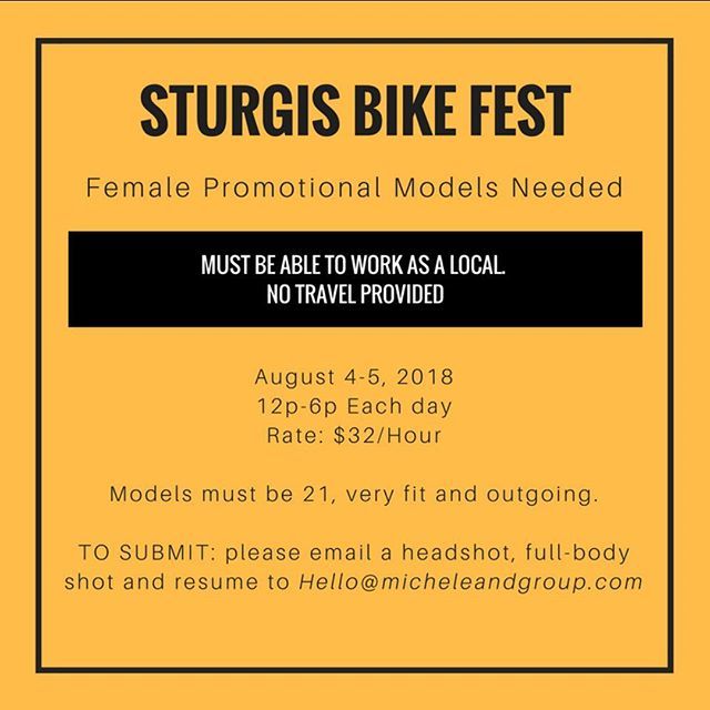 Looking for female models to work August 4 &amp; 5 in Sturgis! Please email hello@micheleandgroup.com if you are available.