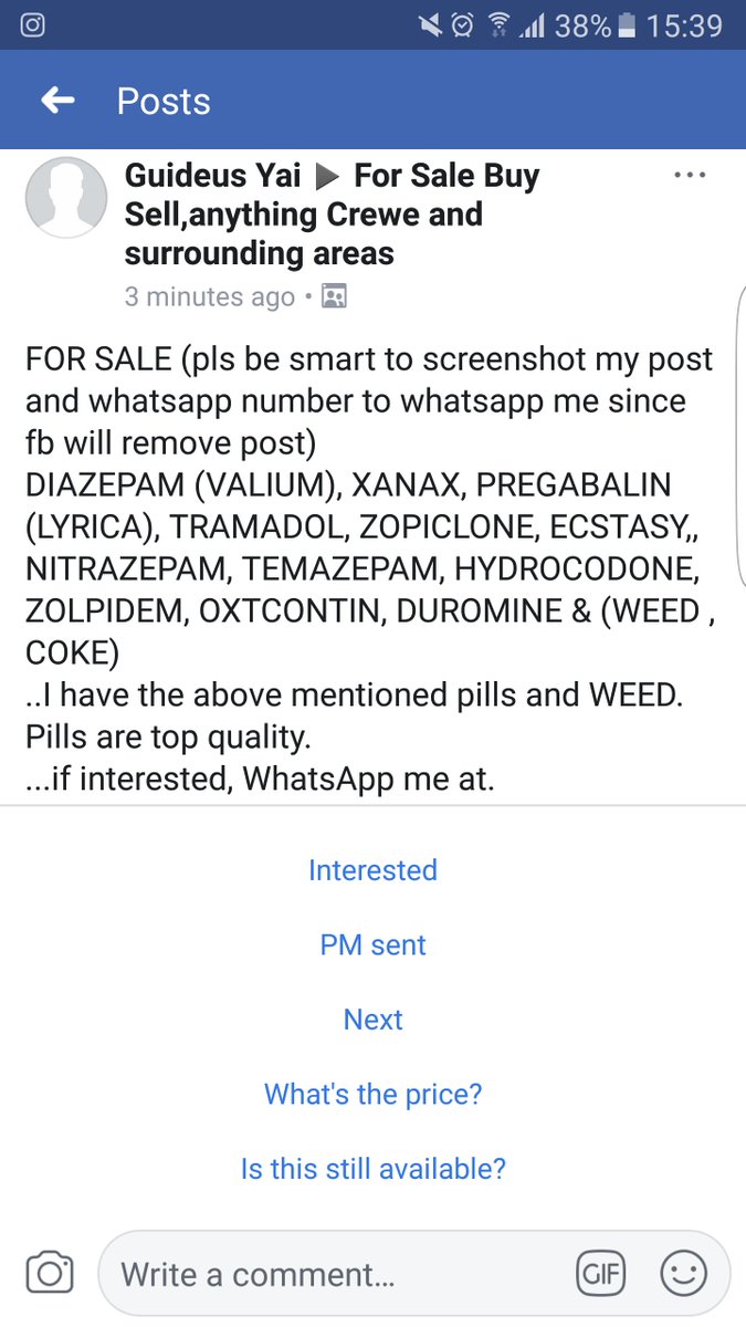 chulzers's tweet photo. @PoliceCrewe Thought you might like to see what some people sell on facebook! I have another screenshoy with the phone number too! https://t.co/Tak1o0JCZo