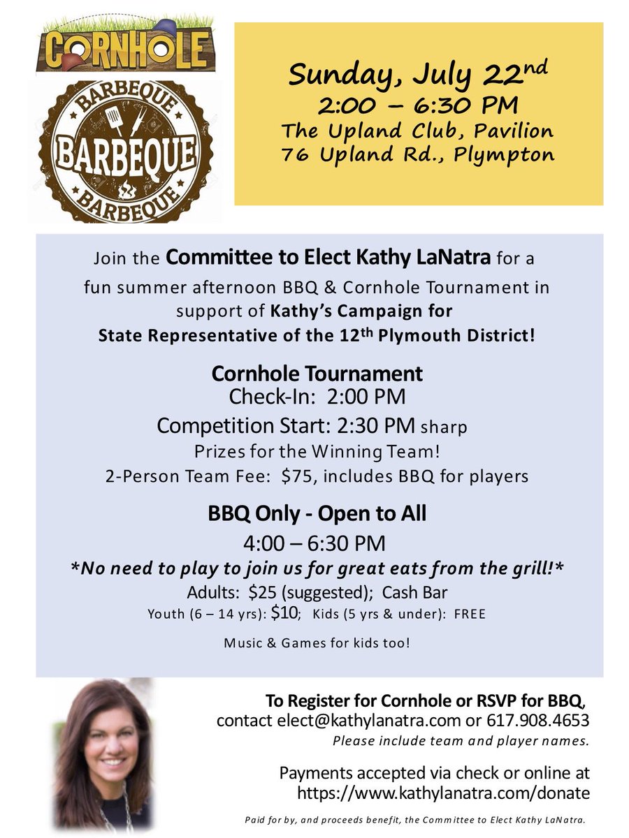 kathylanatra's tweet photo. Fun way to support Kathy's campaign for State Rep of the 12th Plymouth coming up soon! 
#12thPlymouth #mapoli #Plympton #VoteLaNatra #Kingston #cornholefun https://t.co/ooUPBcd35m
