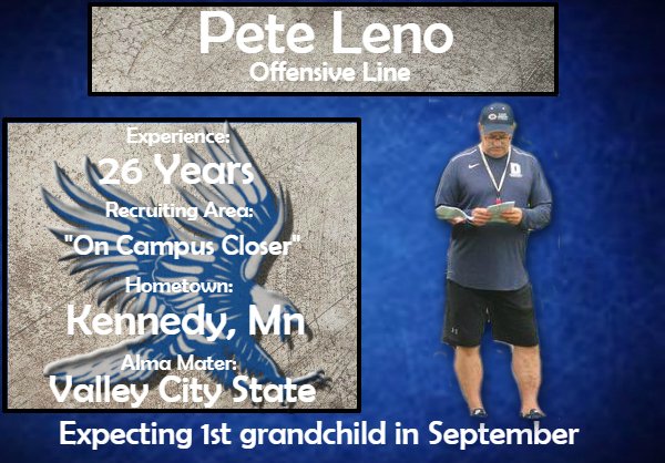 BlueHawkFB's tweet image. We saved the best for last! The MAN, the MYTH, the LEGEND...our Offensive Line coach, Peter J Leno! The king of the one liners and dropper of wisdom. We are very fortunate to have Coach Leno leading our guys in the trenches. #RollHawks #MasterYoda #BeAHawk19