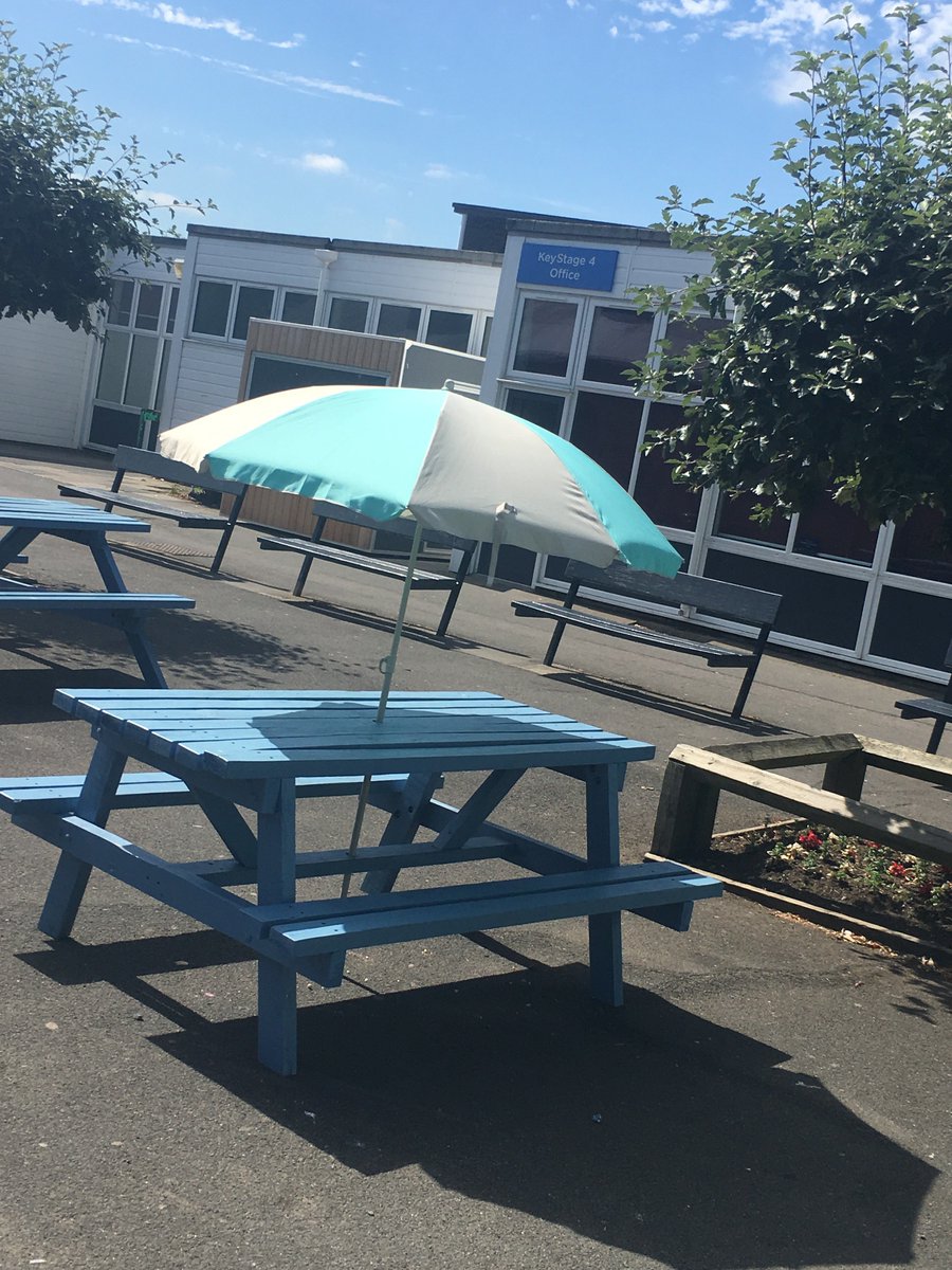 WhickhamSchool's tweet photo. Many thanks &amp; appreciation to our friends &amp; partners at @Woodmans_Arms #GroundworkNE &amp; @compassgroupuk for helping us to update our outdoor areas refurbishing our picnic benches &amp; supplying parasols – all very welcome in this lovely sunny summer term! https://t.co/qWCOPGRPNU