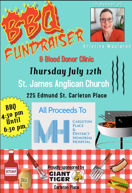 TurpinKia's tweet photo. A blood donor clinic will be held in Carleton Place this Thursday, July 12 in honour of the late Kristine Maclaren. The clinic runs from 4:30 to 8:30 p.m. at St. James Anglican Church, located at 225 Edmund St. https://t.co/ZrVJLK7ROP