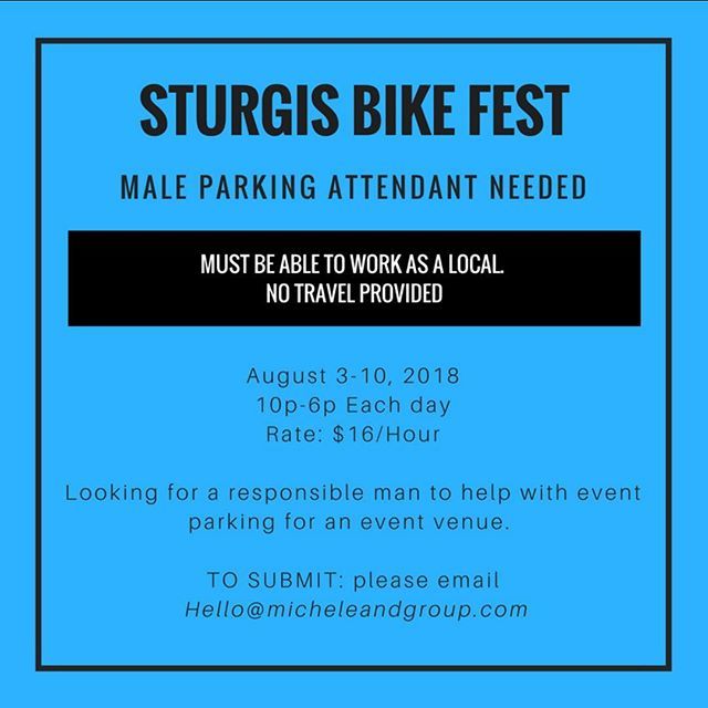 We are looking for a man to help with parking for our event venue in Sturgis. You must be able to work as a local. Please email hello@micheleandgroup.com for consideration.