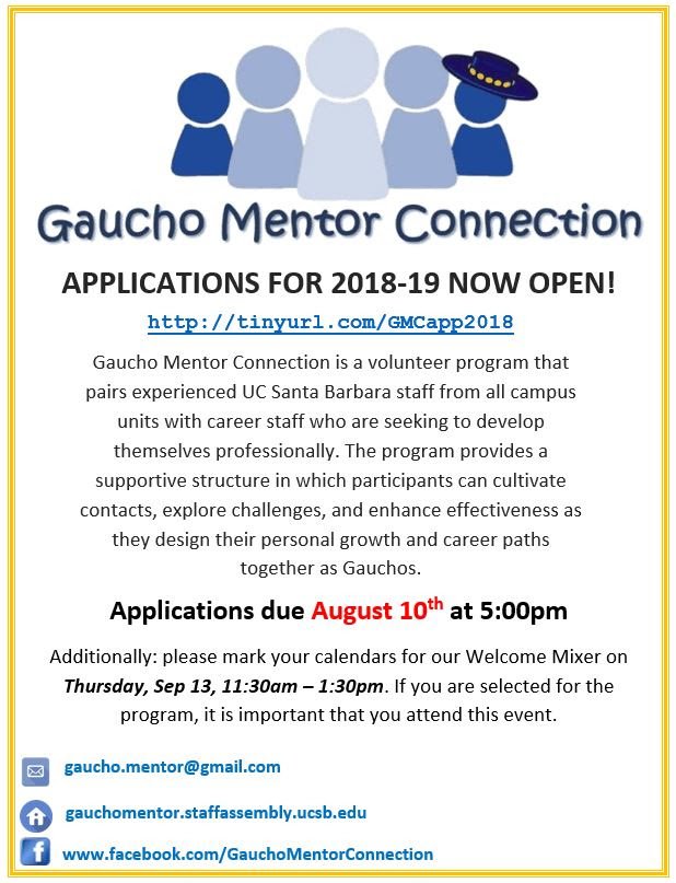 ucsbcsac's tweet photo. Take the next step in your professional development or support the development of another #UCSB Gaucho staff member by participating in Gaucho Mentor Connection! https://t.co/yqWgD4SrPq