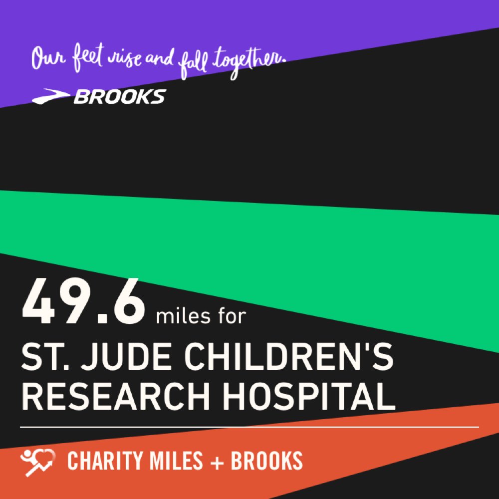 49.6 <a href="/CharityMiles/">Charity Miles</a> for <a href="/StJude/">St. Jude</a>. Thanks to <a href="/BrooksRunning/">Brooks Running 💙</a> for sponsoring me! #RunHappy #RiseWithUS