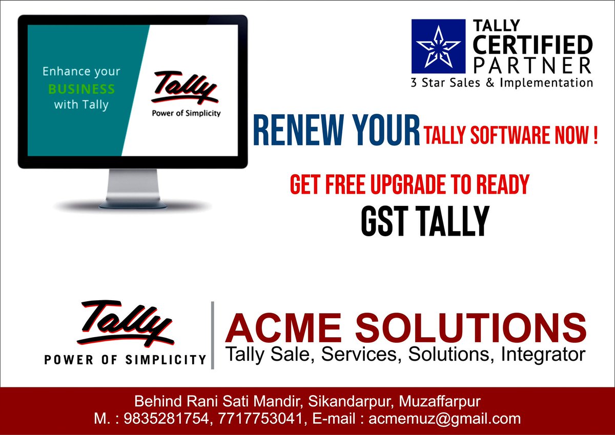 Looking for Renew of TSS? Call us and get it done, reach to us anytime and anywhere.

#acmesolutions #tally #tallysolutions #tallypartner #tallysupport #certifiedtallypartner #mar2018 #GST #ewaybill #software #tax