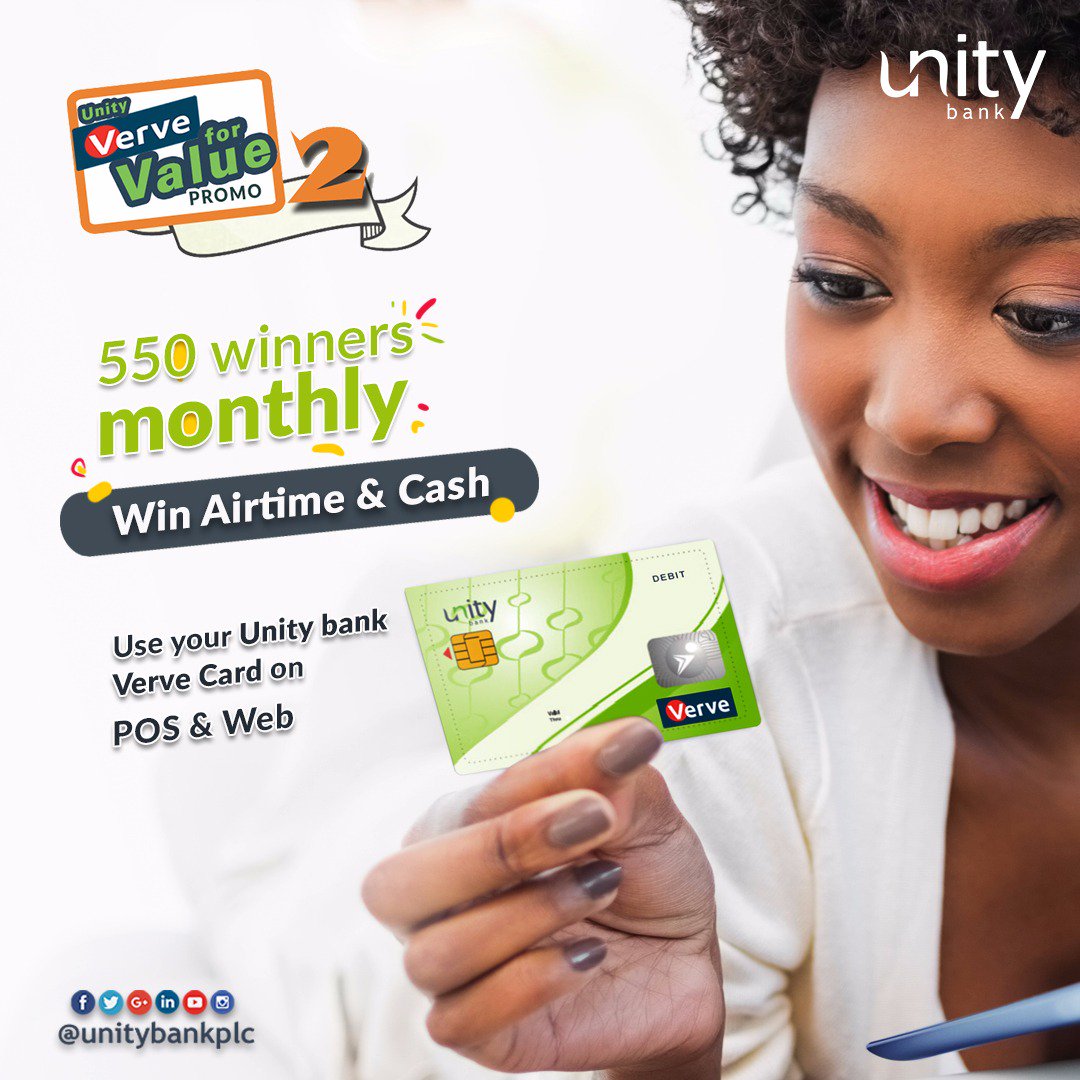 UnityBankPlc's tweet photo. Use your @unitybankplc issued @vervecard on POS & Web to be among our 550 winners monthly to win Airtime & Cash Prizes in the #UnityBankPlc #VerveForValuePromo II
Terms & conditions apply.
Promo valid from Now till 31st December 2018 .
#UnityBank
#SucceddingTogether https://t.co/NsG5TmwbQe
