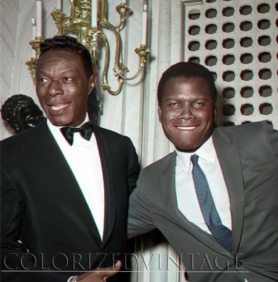 Colorizedv's tweet photo. Nat King Cole and Sidney Poitier at the 35th Academy Awards, 1963. Timeless! #natkingcole #sidneypoitier #academyawards #oldhollywood  #colorized https://t.co/CKC14f5iEF