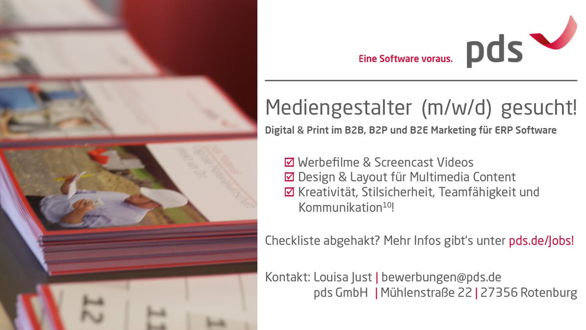 pds_GmbH's tweet photo. Wanted: #Mediengestalter (m/w/d) in Rotenburg als Festanstellung
Wir suchen Teamverstärkung mit Interesse an Erstellung von Werbefilmen, Screencasts sowie der Aufbereitung von Multimedia-Content. 
Weitere Infos: https://t.co/KEUnOyc9CN  oder anrufen unter 04261-855-310 https://t.co/ZgFmhY1uNK