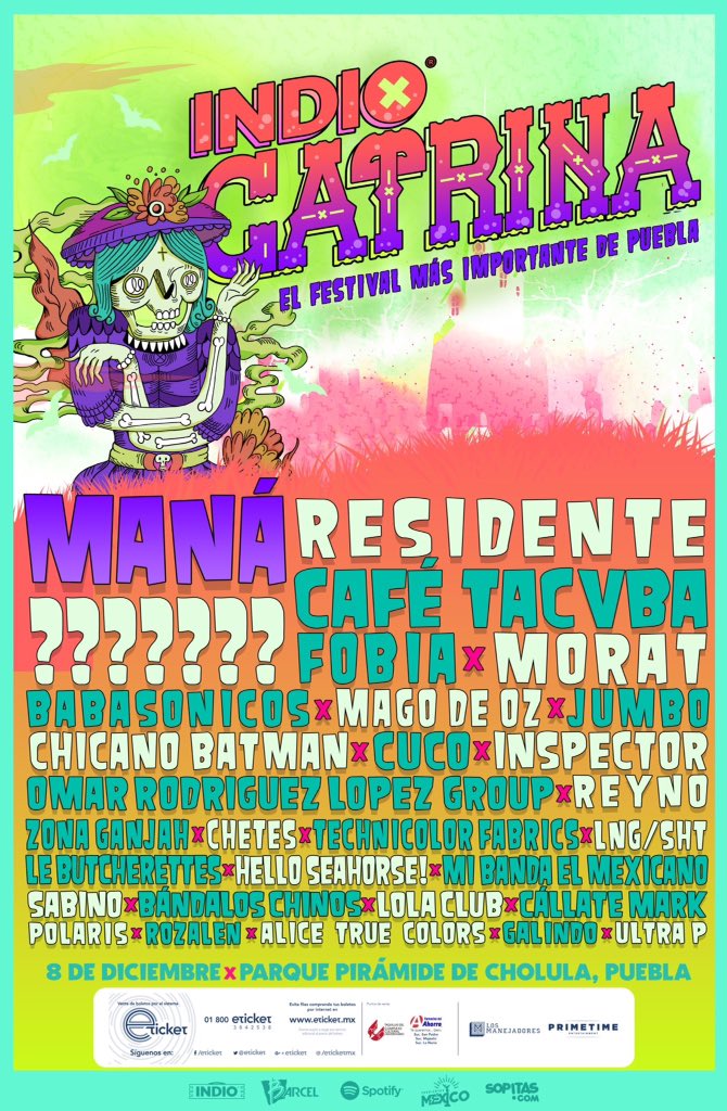 ChamorrisimoFM's tweet photo. Por tercer año consecutivo, ¡llega el Festival Catrina!💀🎶

Residente, Café Tacvba y Maná encabezan la edición del 2018 - 8 de diciembre, Parque Pirámide de Cholula, Puebla.

Venta de boletos: 12 de julio en fase 3 de $990 (+ cargos) https://t.co/o0e8pjpya2