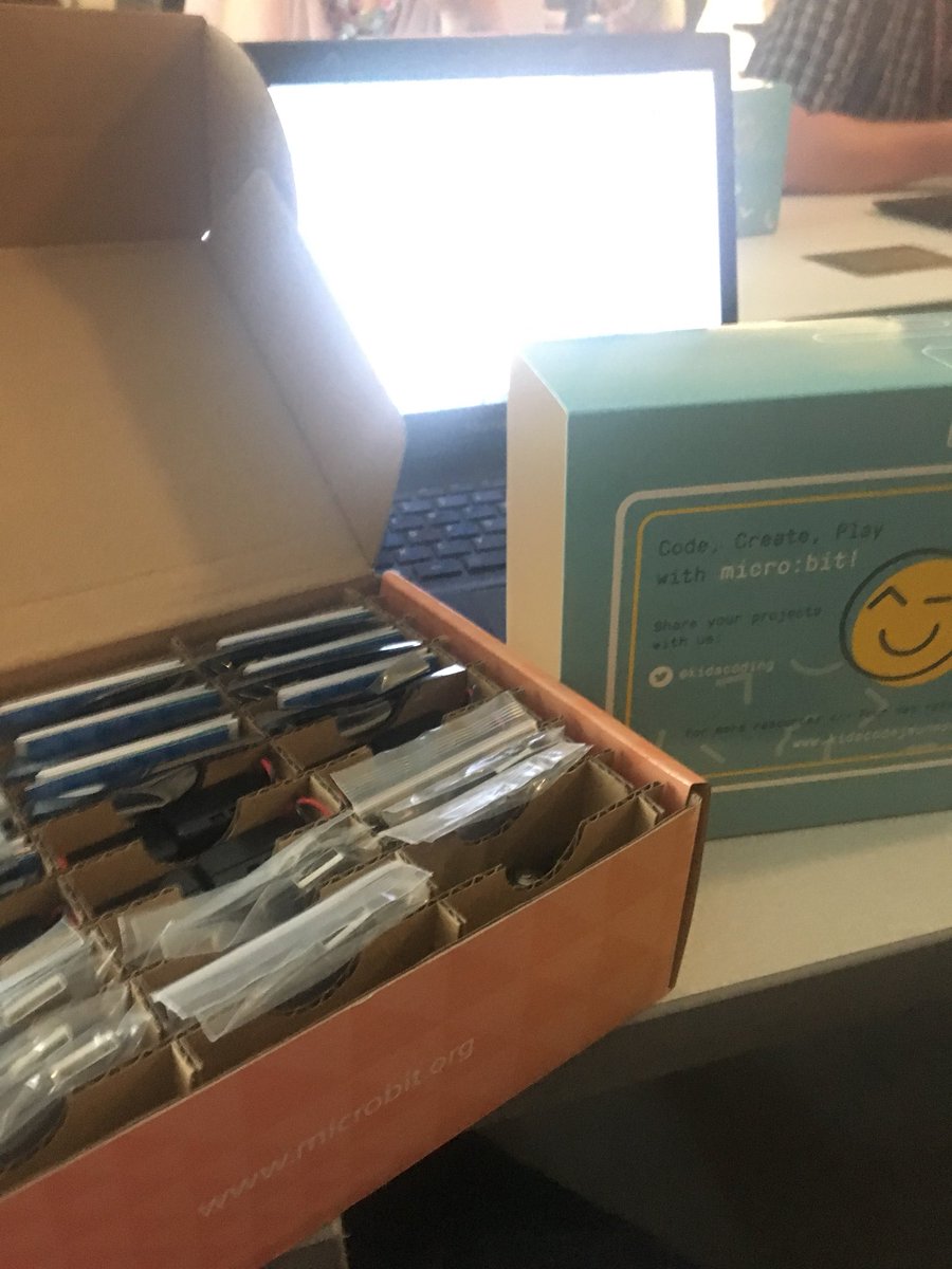 Mrscook17's tweet photo. Wow! Thank you @KidsCoding for the box 📦 of micro:bits. Looking forward to implementing them in my teaching practice. #LNDLCA #ocsbLT https://t.co/3VizHtj8Dk