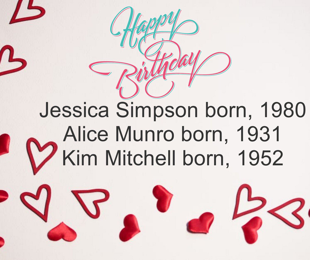 Happy Birthday!
Jessica Simpson born, 1980
Alice Munro born, 1931
Kim Mitchell born, 1952 