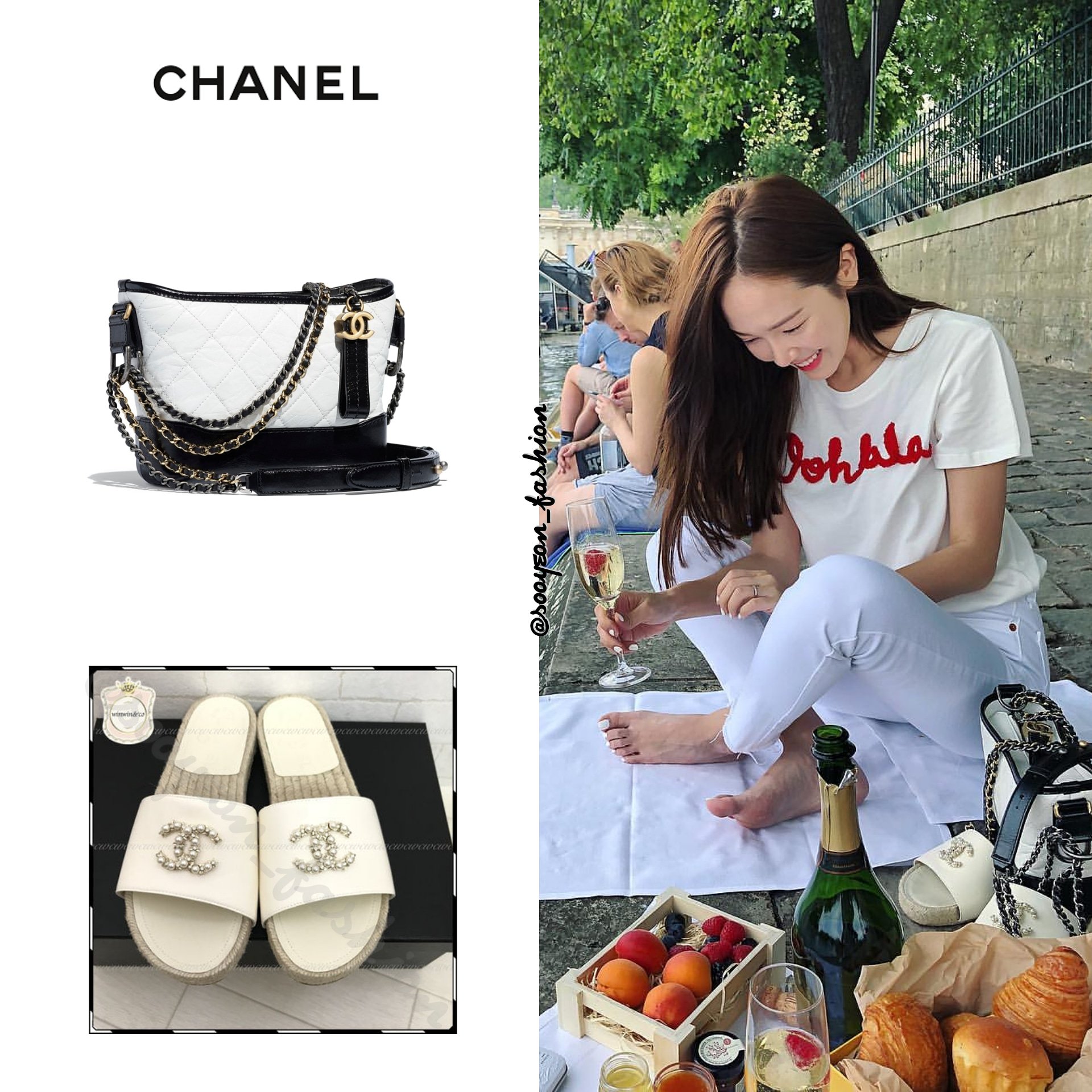 jsy fashion on X: [JESSTAGRAM] 180711  CHANEL:  Gabrielle Small Hobo Bag (White & Black), $3,900   Lambskin Mules (White), $825  #JessicaJung   / X