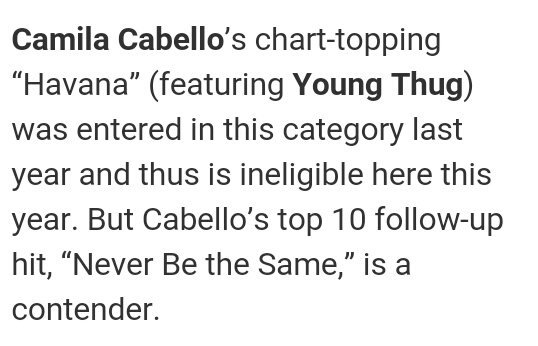 portalcamilabr's tweet photo. INFO | @HITSDD está apostando na Camila para duas categorias no GRAMMYs 2019. Sendo elas: O debut álbum "CAMILA" para "Album of the Year" e "Never Be The Same" para "Record of the Year". 

https://t.co/KUgGHkVJlz https://t.co/VqdcdjtV8x