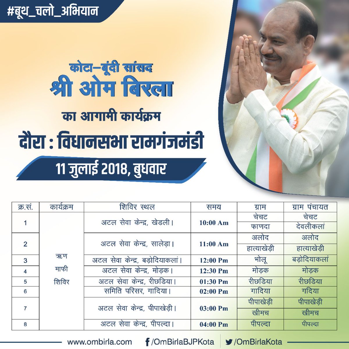 माननीय सांसद श्री ओम बिरला का दौरा संलग्न अनुसार कल दिनांक 11 जुलाई 2018, बुधवार को रामगंज मंडी क्षेत्र में रहेगा।
<a href="/ombirlakota/">Om Birla</a> <a href="/VasundharaBJP/">Vasundhara Raje</a> <a href="/narendramodi/">Narendra Modi</a>
#बूथ_चलो_अभियान