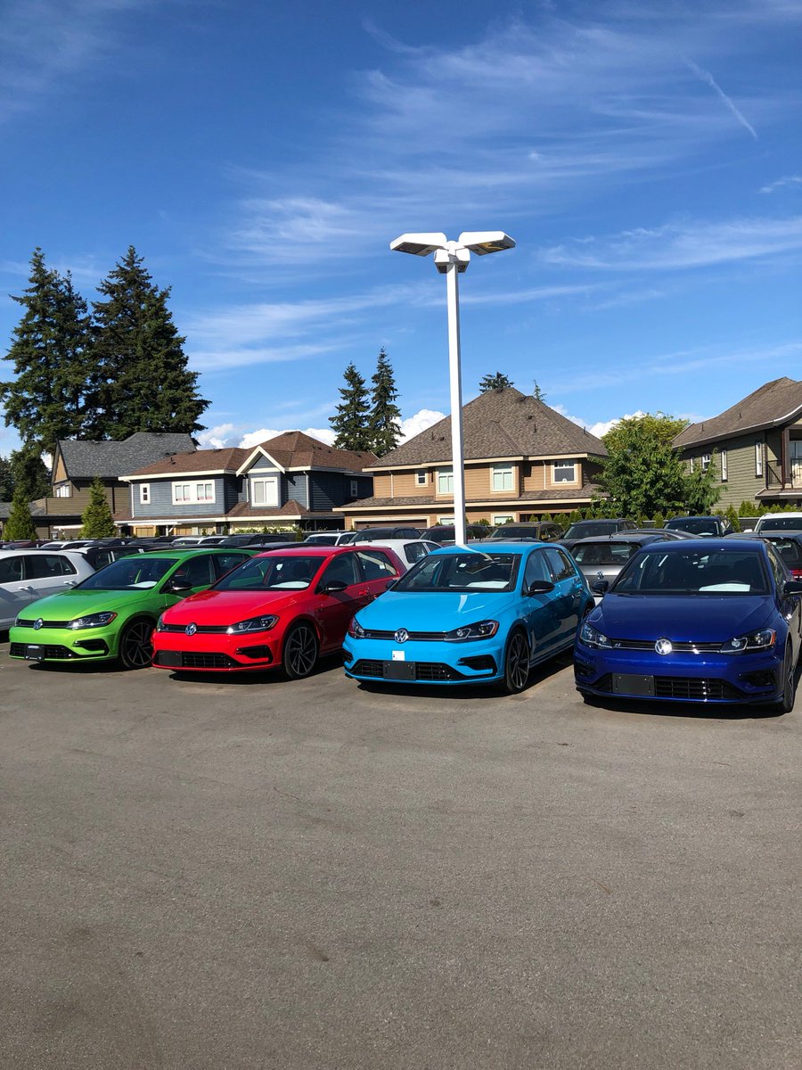The 2018 VW Golf R's (l-r) Viper Green, Tornado Red, 91 Blue and Lapiz Blue. Photo by Rob Smith.
#standoutfromthecrowd #alwaysvolkswagen
whiterockvw.com