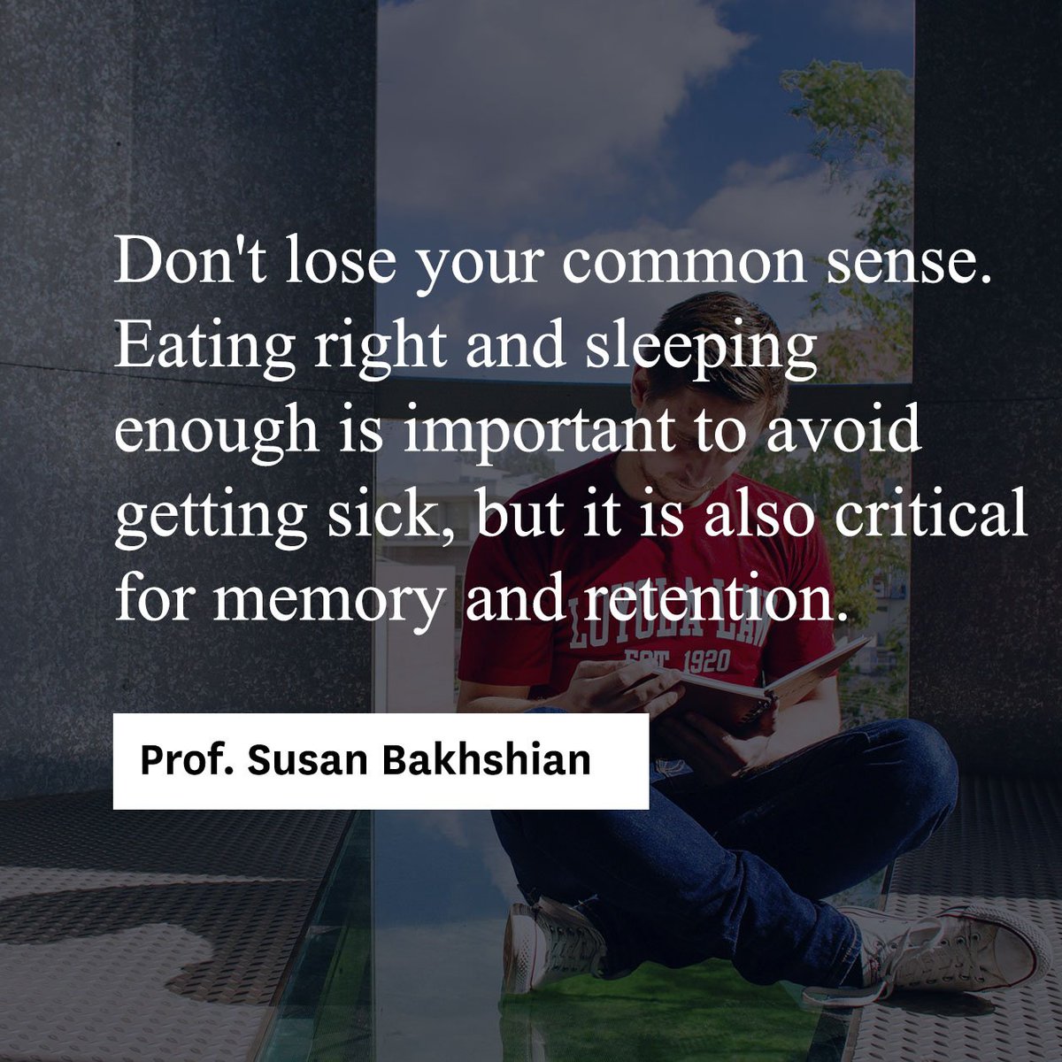 LoyolaLawSchool's tweet photo. The last few weeks of #BarExam studying are tough, but Director of Bar Programs Susan Bakhshian warns against letting the stress get in the way of taking care of yourself. If you are feeling anxious, take a moment to regroup and do something different. #BarReady https://t.co/qsgAMw9HzZ
