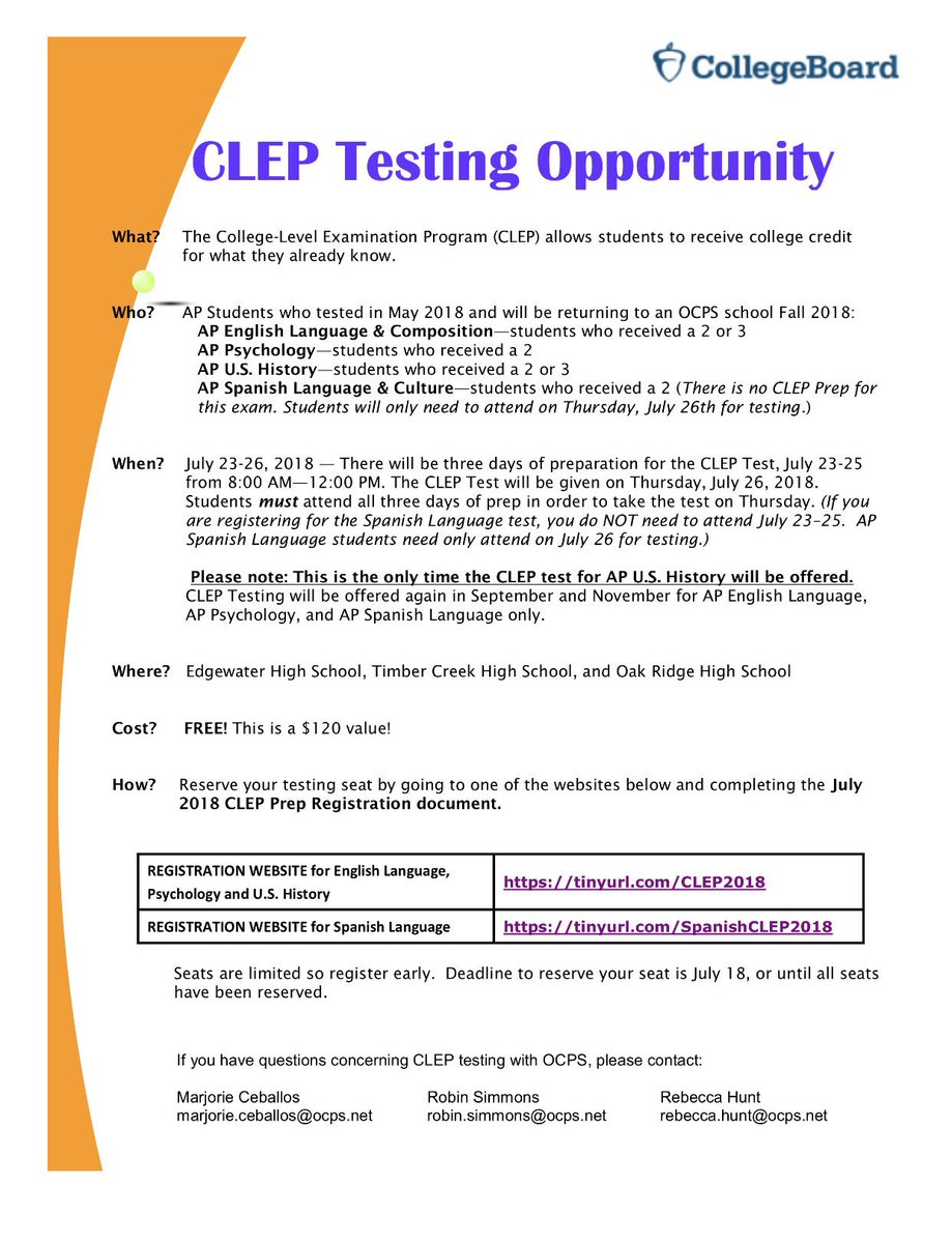 ApopkaHS's tweet image. Students, now that AP scores are out take advantage of this great opportunity. You must register: tinyurl.com/CLEP2018