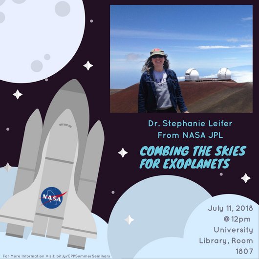 OURCPP's tweet image. The Summer Research Seminar continues tomorrow with Dr. Stephanie Leifer from NASA-JPL. She will be presenting Combing the Skies For Exoplanets.
*Lunch will be provided & all students are welcome.
Location: University Library, Room 1807 at 12pm.