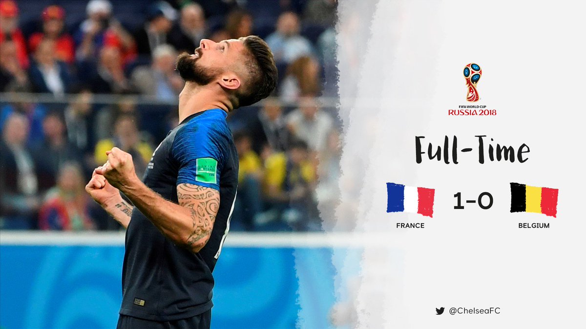 ChelseaFC's tweet photo. France are through to the final! 🇫🇷

Huge congratulations, @_OlivierGiroud and @nglkante! 👏👏 #FRABEL #WorldCup https://t.co/CiAuNgrjiT